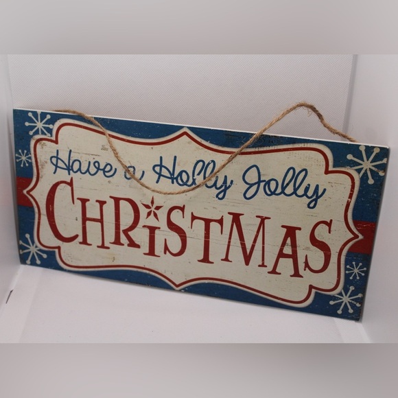 NWT Festive Holly Jolly Christmas Wall Sign - Red and Blue - Picture 1 of 3